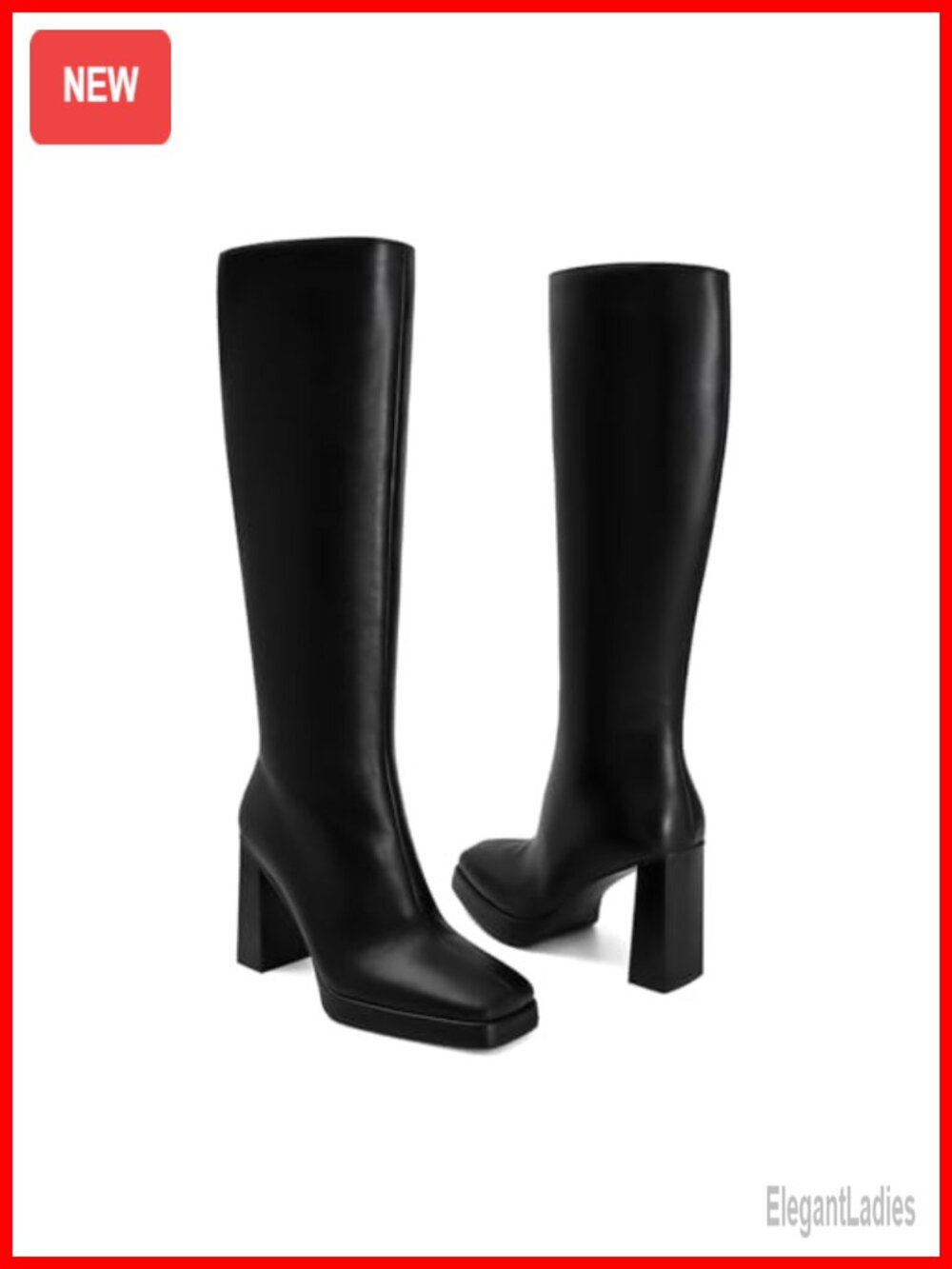 Faux Leather Knee High Platform Boots Women Chunky Block Heel Square Toe Tall